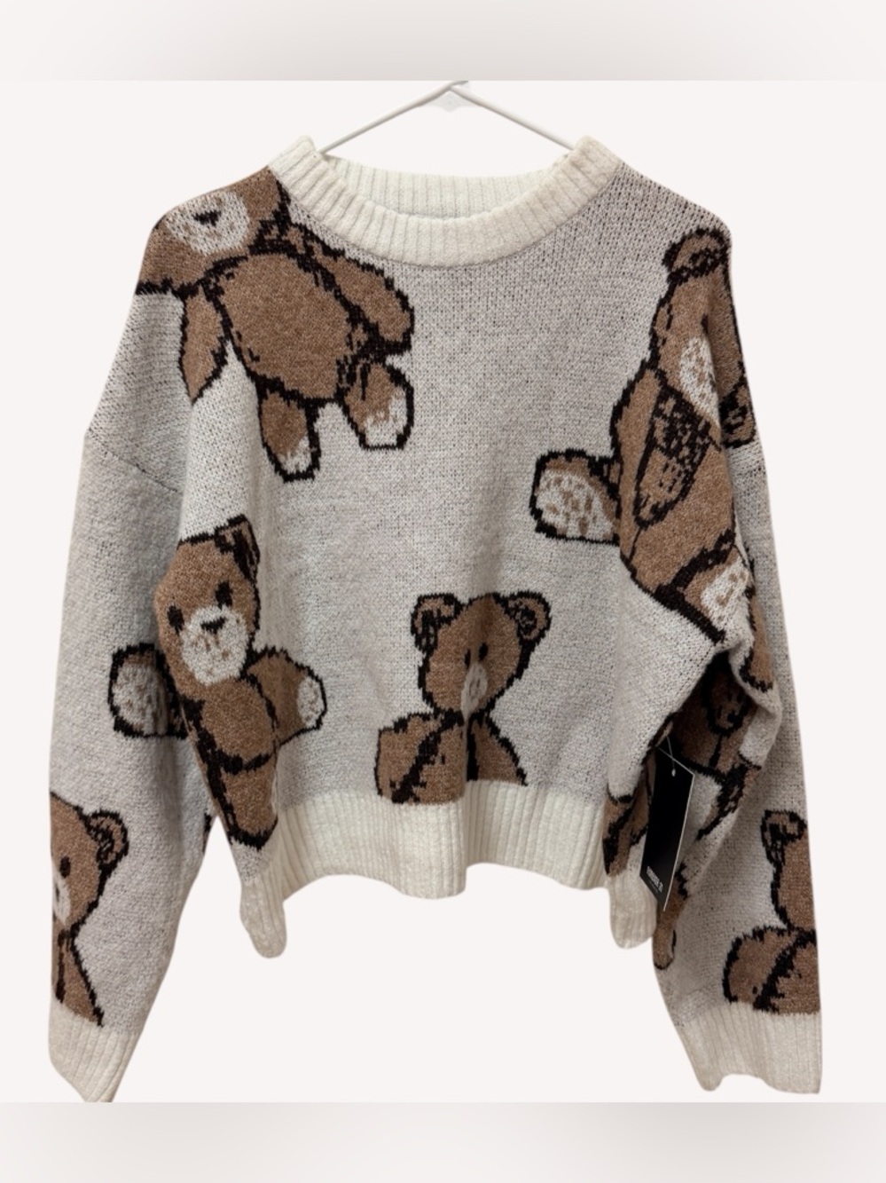 Forever 21 Teddy Bear Sweater Womens Medium Cream Brown Knit Cozy Cute